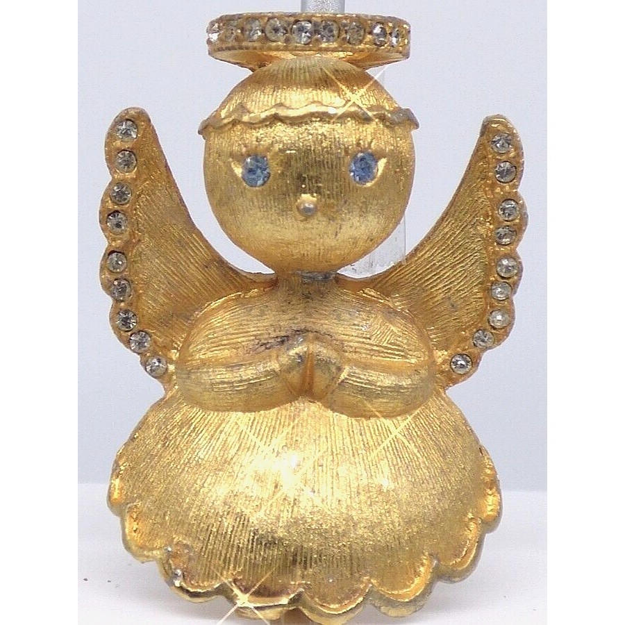 Angel Brooch Pin Halo Wings Rhinestones Signed Ultra Gold Tone Christmas Vintage